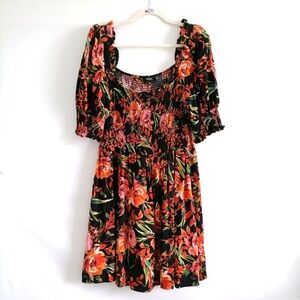 MSK Womens Black Floral Print Smocked Romantic Bodice Fit & Flare Dress Size L